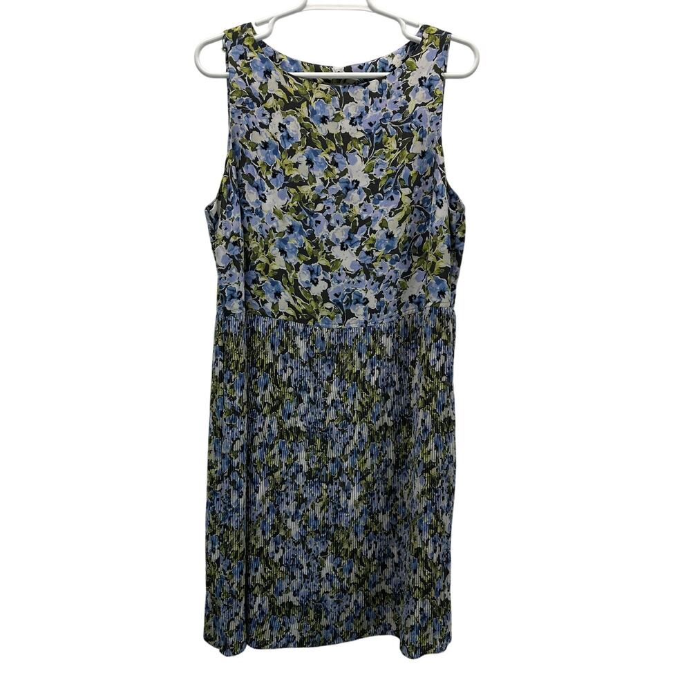 J.Jill Blue Green Floral Print micro accordian Pleated Sleeveless Dress Size L